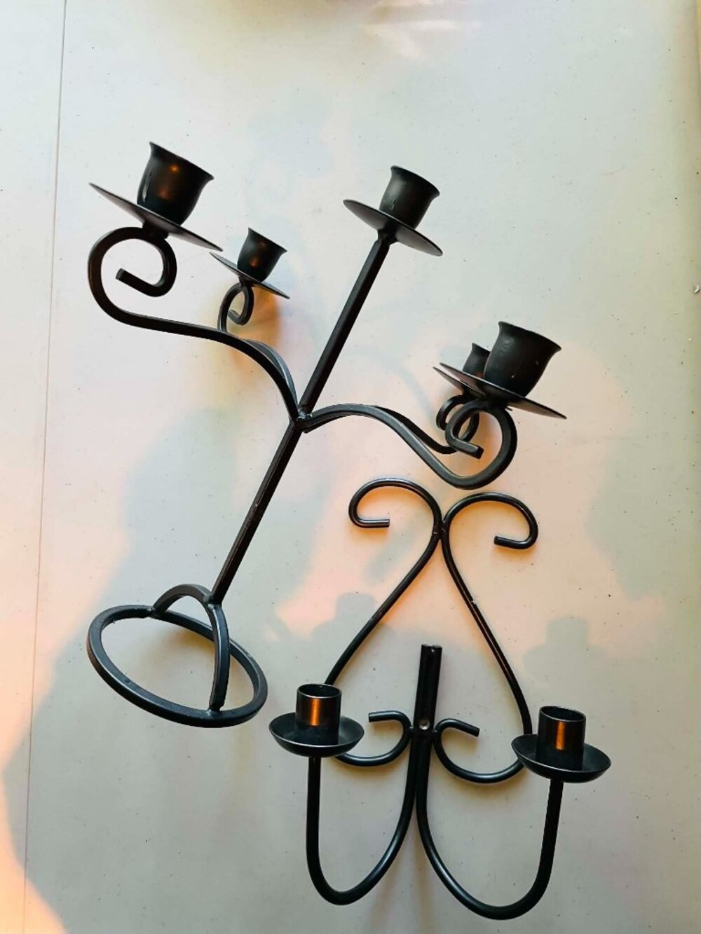 SET OF 2 Black Wrought Iron Candle Holders | Wall Sconce & 5-Light Candelabra